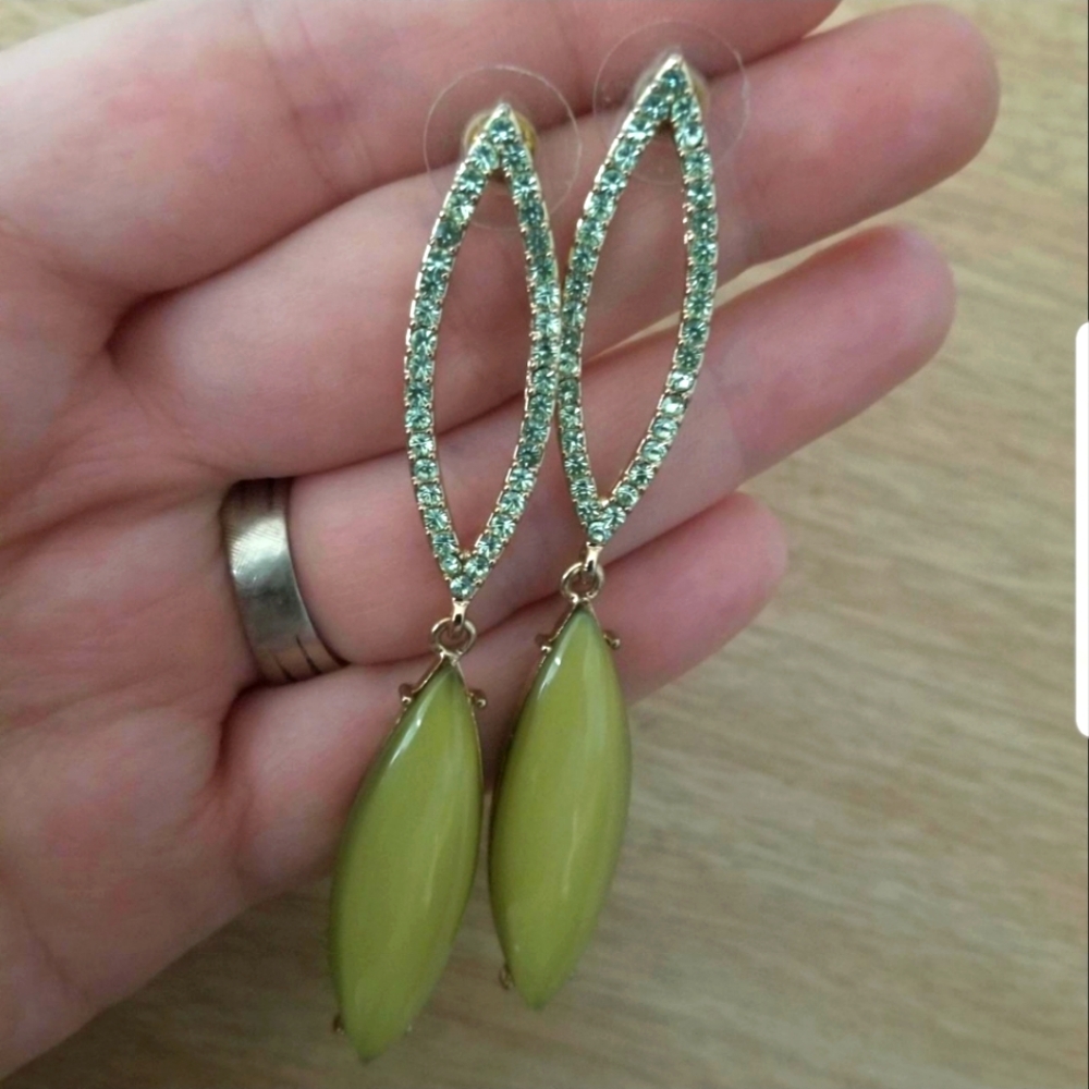 90's Vintage pierced earrings green rhinestone & green shimmer cateye teardrops.